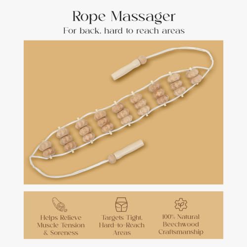 Mr.Woodware Rope Back Massager - 47.2 inches Lymphatic Drainage Massager Tool for Back, Neck, Legs, Waist, Body Pain Relief and Massage Therapy - Anti Cellulite Wooden Massage Roller for Maderoterapia