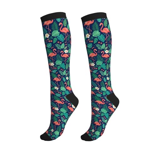 Patterned Knee High Socks for Women Men Athletic Running Travel Work - color: Summer Pink Flamingo Tropical