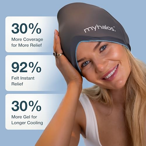 MyHalos Migraine & Headache Relief Cap, 30% More Gel, Hot & Cold Ice Wrap - color: Gray - Pack of 1