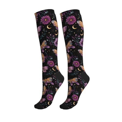 Cute Compression Socks Knee High Support Stockings Women Men - color: Purple Moth Flower