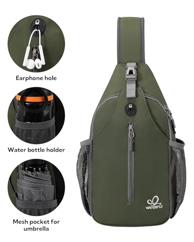 WATERFLY Crossbody Sling Backpack Sling Bag Travel Hiking Daypack - color: Dark Green
