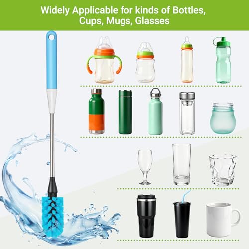 3-in-1 Bottle Brush, 15 Inches Long Handle Kitchen Water Bottle Brush, Stainless Steel Bottle Cleaner Brush with Straw Brush & Lid Brushe for Cleaning Wine Glasses,Coffee Mugs,Tumblers,Wine Decanters - color: Blue-3