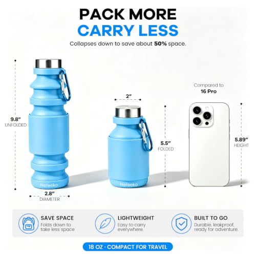Nefeeko Collapsible Water Bottle, Reuseable BPA Free Silicone Water Bottles - color: Blue-18oz