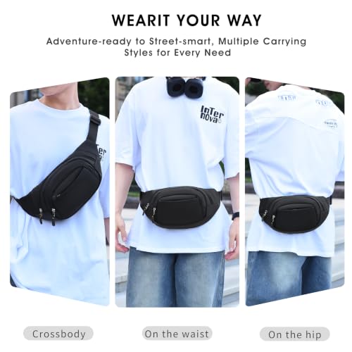 Large Fanny Pack for Men Women NSYOOMH, Crossbody Waist Bag 5-Zipper Pocket - color: Black