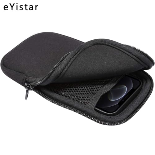 Neoprene Shock Absorbing Proof Pouch Large Cell Phone Sleeve Case Cover w Zipper/Neck Strap for iPhone 14 Plus Samsung Galaxy Note20 Ultra S22 Ultra A13 A03 A23 Moto G Power 2022 LG Stylo 6 (Black)