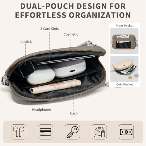 Keychain Wristlet Wallet for Women Zippered Dual Pouch Wristlet Nylon Coin Purse Small Wallet with Key Ring - color: Khaki+Brown