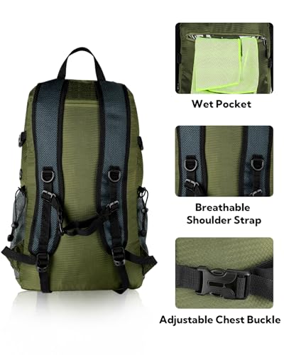 WATERFLY Lightweight Packable Hiking Backpack, 30L Day Pack - color: Army Green