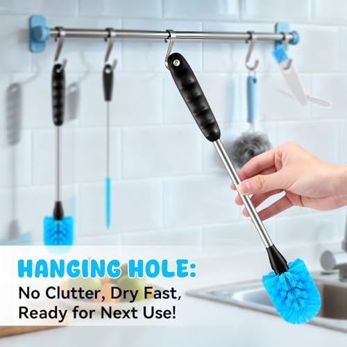 SLUXKE Long Handle Bottle Brush Set with Straw Cleaner Brush and 3 in 1 Cup Lid Cleaning Brush, Water Bottle Cleaner with Stainless Steel Handle for Cleaning Cup, Water Bottles, Tumblers, Baby Bottles - color: Blue