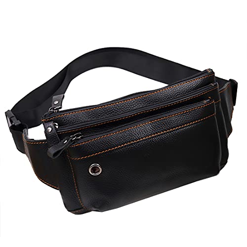 Triple Pocket fanny pack Genuine Leather waist slim sling bag Hip Purse Adjustable Belt strap Casual Pouch Outdoor Day bag (Hole Black) - color: Hole Black