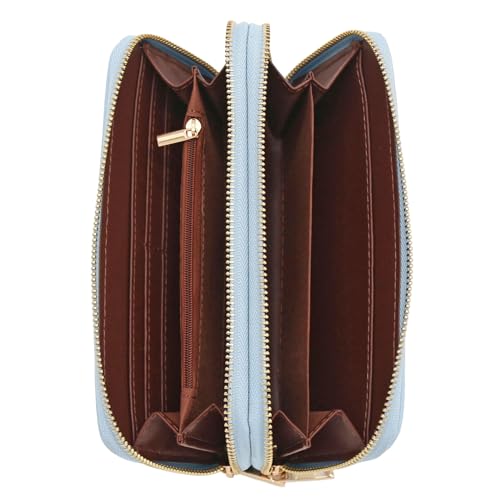 FashionPuzzle Double Zip Around PU Leather Wristlet Cell Phone Wallet - color: Light Blue