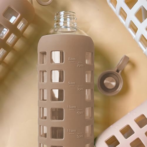 purifyou Replacement Cap for 40, 32, 22, 12 oz Reusable Glass Water Bottle with Time & Volume Markings, Non-Slip Silicone Sleeve, Stainless Steel Lid Insert, Sports Bottle for Water, Juice (Hazelnut) - color: Hazelnut