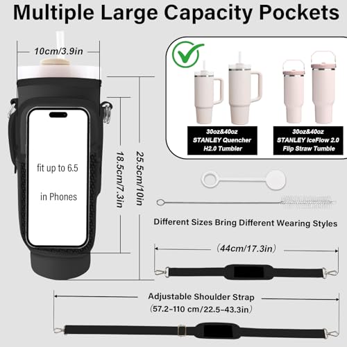 Water Bottle Carrier Bag for Stanley Cup 40/30oz, Neoprene Water Bottle Holder Pouch with 3 Pocket Adjustable Shoulder & Hand Strap - color: Black