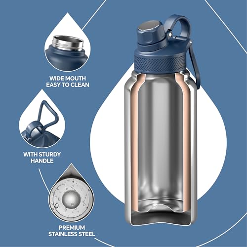 IDEUS 32oz Insulated Stainless Bottle with 2 Leakproof Lids, Navy Blue - color: Navy Blue, size: 32 Ounces
