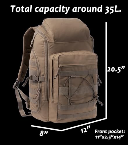 35L Tactical Backpack Military Rucksack MOLLE Quick-Access Flap EDC Pack for Hiking Camping Travel Work Bugout Emergency - color: Coyote Brown