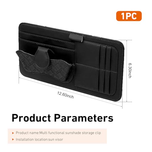 Car Sun Visor Organizer, Leather Strap-on Multi-Pocket Visor Storage Pouch for Sunglasses Card License Pen, Universal Car Interior Organizer Accessories (Black)