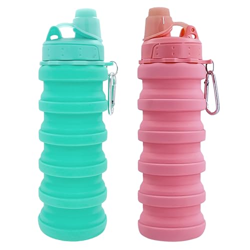 Collapsible Water Bottles Travel water bottle Sports Portable Sport Water Bottle Reusable Water Bottles comes with mountaineering Buckle 500ml silicone Water-proof camping water bottle - color: Green+Pink, style: 2 pack