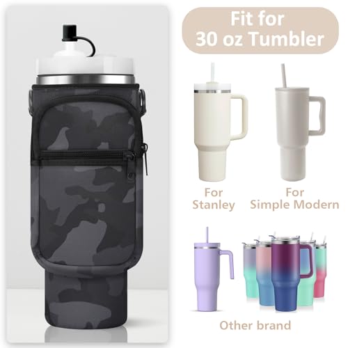 AceTreker Water Bottle Carrier Bag with Strap for Stanley 40/30 oz Tumbler Neoprene Insulated Cup Holder Sleeve with Phone Pocket & Straw Cover for Stanley Cup Accessories - color: 02-Black Camo, style: 30 Oz