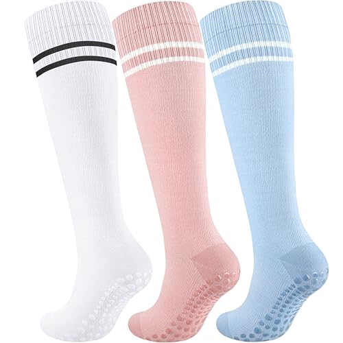 Cotton Compression Socks Women&Men with Grips Non Slip 15-20mmHg Knee High Graduated Sock for Nurse, Pregnancy, Yoga - color: 01-3 Pairs-white Pink Blue, size: Small-Medium