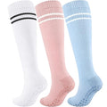 Cotton Compression Socks Women&Men with Grips Non Slip 15-20mmHg Knee High Graduated Sock for Nurse, Pregnancy, Yoga - color: 01-3 Pairs-white Pink Blue, size: Small-Medium