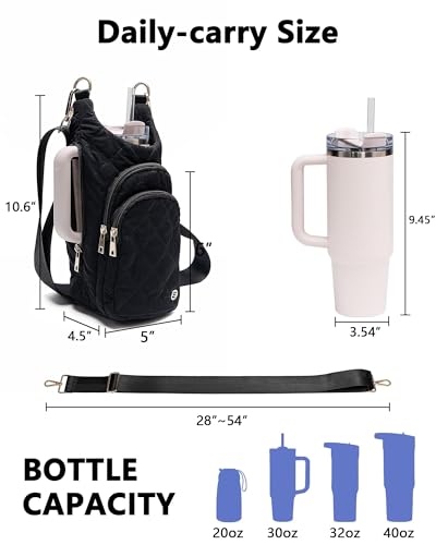 Water Bottle Holder with Strap 30/32 oz, Crossbody Water Bottle Carrier Bag - color: Black Diamond Quilted