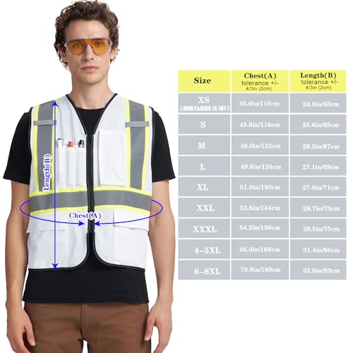 A-KSAFETY High Visibility Safety Vest for Men Women with Pockets and Zipper - color: White, size: X-Small