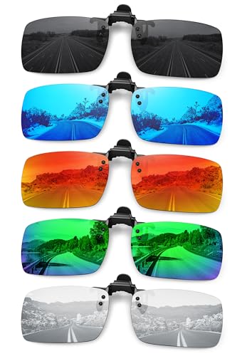 MEETSUN Polarized Clip On Sunglasses for Men Women, Fit Over Glasses - color: 5pack-black+blue+red+green+silver