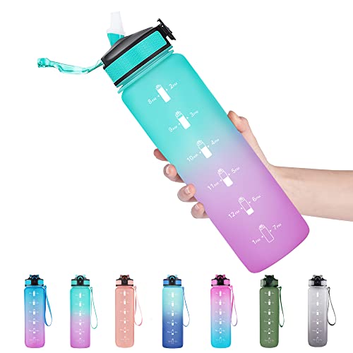 EYQ 32oz Water Bottle with Straw, Sports Bottle with Time Marker - color: 5.Green/Purple Gradient