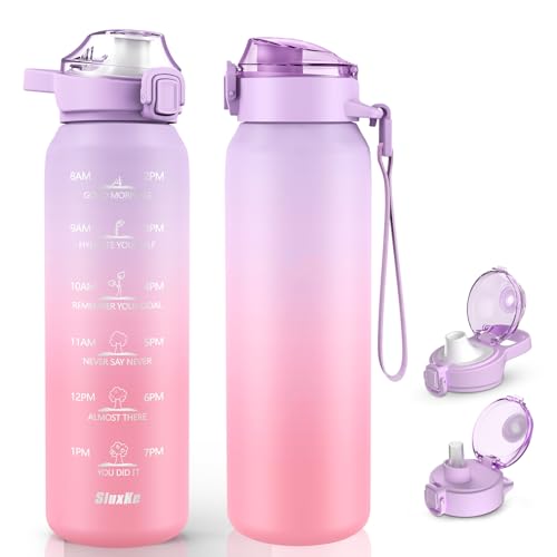 SLUXKE 24oz Insulated Water Bottle 18/10 Stainless Steel with 2Lids(Straw Lid& Spout Lids), 700ml Double Wall Vacuum Water Bottle with Handle Keep Cold and Hot for Men, Women & Kids PURPLE PINK - color: PURPLE PINK, size: 24 Ounces