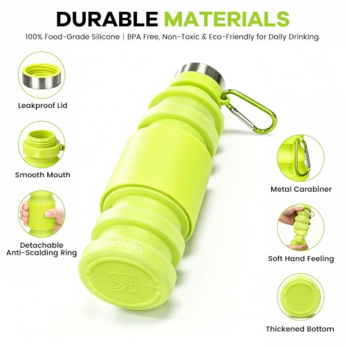 Nefeeko Collapsible Water Bottle, Reuseable BPA Free Silicone Water Bottles - color: Green-18oz