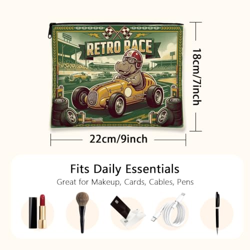 Retro Race Cosmetic Bag, Hippo Racing Pattern Travel Pouch for Men, Portable Small Canvas Zipper Organizer, Everyday Skincare Toiletry Bag 7x9 Inch