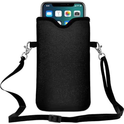 Neoprene Cell Phone Pouch 7.5 X 4.3 in Cloth Mobile Protection Case Bag with Crossbody Strap Neck Lanyard Cell Phone Case Black - color: Black