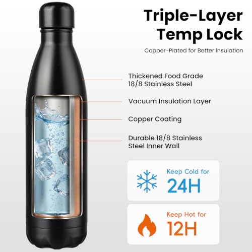 Konokyo 25 oz Insulated Stainless Steel Water Bottle, Midnight Black - color: Midnight Black, size: 25 Ounces