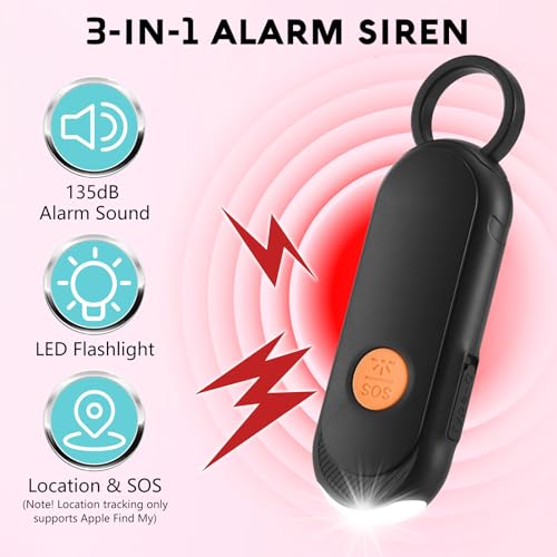 Personal Safety Alarm for Women, Rechargeable 135dB Siren with Flashing Light, Anti-Loss Locking Pin, Keychain SOS Alarm Works with Apple Find My, Kids, Seniors, Night Runners, iOS Only, White