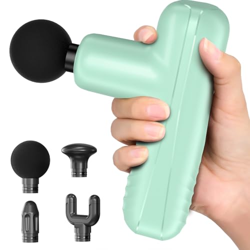 Mini Massage Gun, Powerful Handheld Muscle Massager for Muscle Relaxation, Deep Tissue Percussion Small Massage Gun Travel Massager with 4 Massage Heads Silent Brushless Motor, Green - color: Green