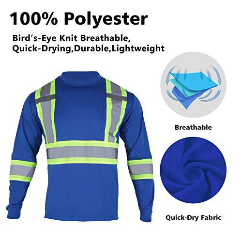 VENDACE Men's High Vis Safety Work T Shirt ANSI Class 1 Reflective Long Sleeve Shirt with Pocket(Royal Blue,L) - color: Royal Blue, size: Large