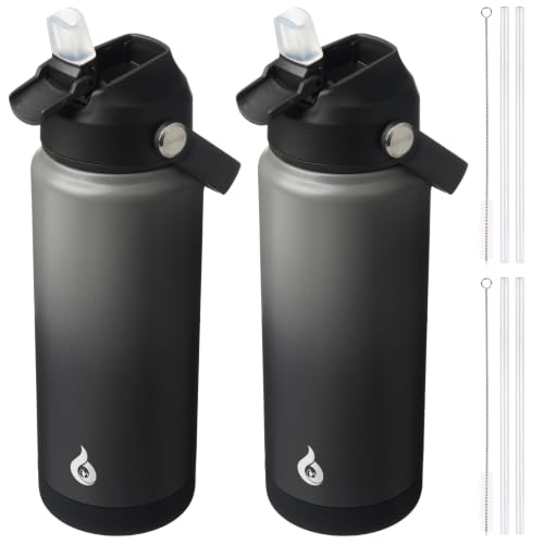 BJPKPK 2 Pack 24oz Insulated Water Bottles with Straw Lids, Stainless Steel - color: 2 X Black Grey, size: 24 Ounces