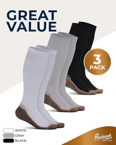 Pembrook 3 Pairs Copper Compression Socks 15-20 mmHg | Graduated Support - color: Black/ White/Gray - 3 Pairs, size: Large