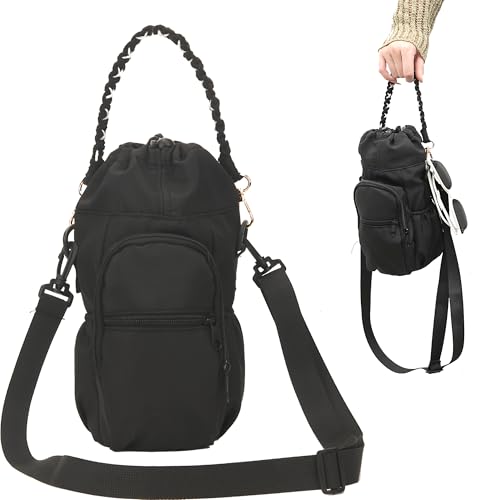 Wongeto Water Bottle Holder with Strap,25oz/40oz/64oz Water Bottle Carrier Sling Bag with Phone Pocket Crossbody Adjustable Shoulder with Hand Strap for Walking - color: Black