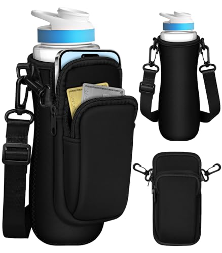 Water Bottle Sleeve with Pouch for Cirkul 22 oz - Crossbody Shoulder Strap Detachable Phone Purse with Bottles Cover Holder Carrier Bag - color: Black for 22oz