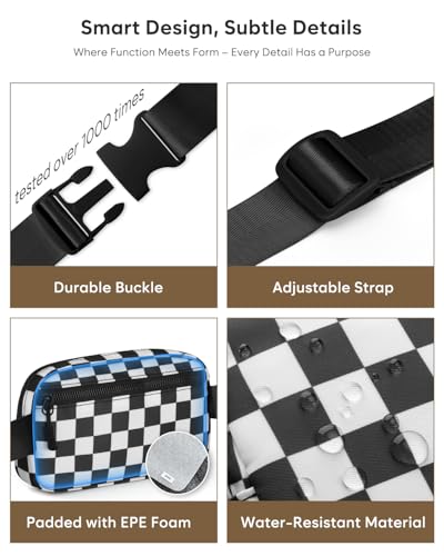 Pritent Fanny Packs for Women Crossbody Belt Bag With Zipper Back Pocket - color: Checkered Black, size: Large