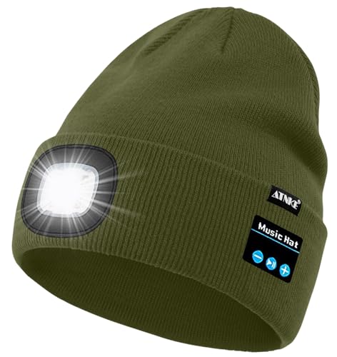 ATNKE LED Lighted Bluetooth Beanie Hat,USB Rechargeable 4 LED Wireless Music Running Headlamp Cap Gift for Men and Women - color: #Army Green