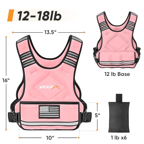 APEXUP Adjustable Weighted Vest, 4-10lb/12-18lb/20-32lb Vest with 6 Ironsand Weights and Large Pocket, Weight Vest for Men Women Strength Training, Running, Walking - color: Pastel Pink, size: 12-18lbs