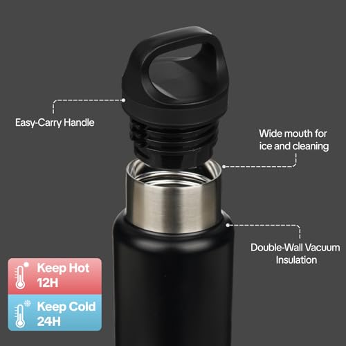 BJPKPK 18oz Insulated Water Bottle Stainless Steel Water Bottle with Handle - color: Black, size: 18 Ounces