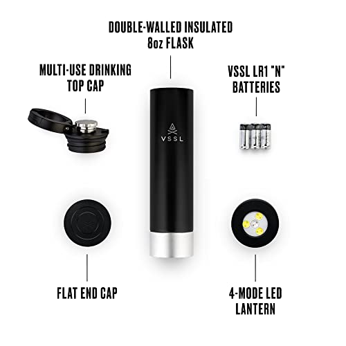 VSSL Insulated Flask with Light, 8 oz Double-Walled Vacuum Sealed Stainless Steel, Leak-Proof Drinking Cap, Split Flip Carabiner for Easy Attachment, Black