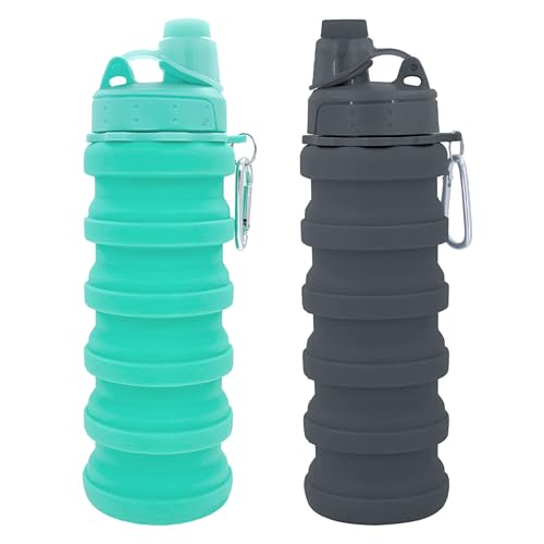 Collapsible Water Bottles Travel water bottle Sports Portable Sport Water Bottle Reusable Water Bottles comes with mountaineering Buckle 500ml silicone Water-proof camping water bottle - color: Green+Grey, style: 2 pack