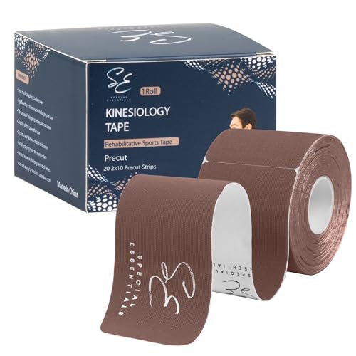 Special Essentials Kinesiology Tape - Premium Cotton Waterproof Sports Tape for Targeted Muscle Support, Pain Relief, & Enhanced Performance 20 Count, 10” Precut & Uncut Strips (Precut, Brown)
