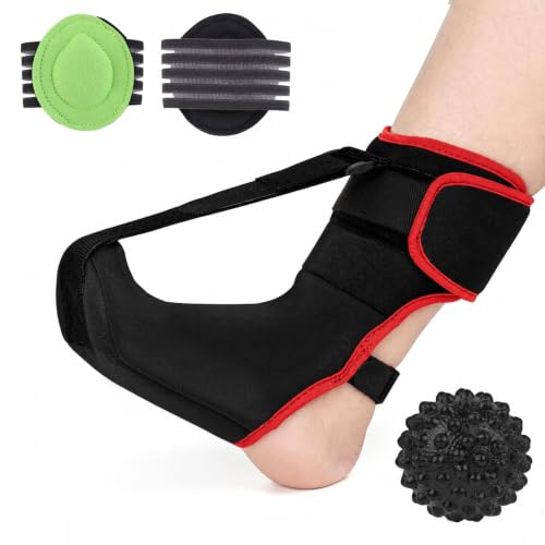 Plantar Fasciitis Night Splint with Massage Ball and Arch Support, Adjustable Achilles Tendonitis Brace Relief, Planter Facetious Support Sock for Women (9-12.5) Men (8-11.5) -Red - color: Medium-Red