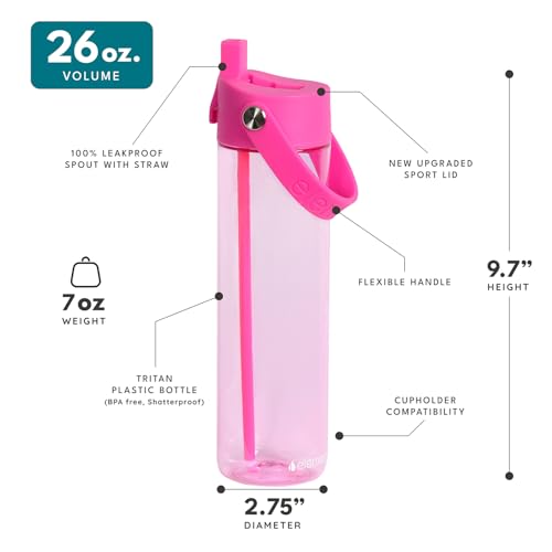 Elemental Splash 26oz Tritan Plastic Reusable Water Bottle w/Straw & Strap - color: Hot Pink, size: 26 Ounces