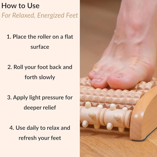 Wooden Foot Roller Massager, 4 Textured Rollers, Reflexology Tool, Brown