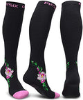 Physix Gear Compression Socks 20-30 mmHg - Men & Women - Running, Nurses, Shin Splints, Flight, Travel - color: Black/Pink Flower, size: Large-X-Large